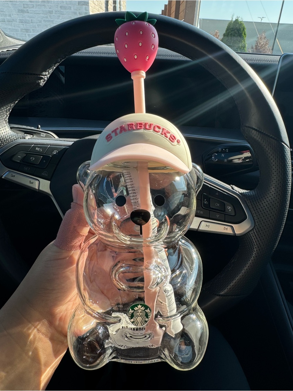 Starbucks Clear Bear Tumbler with Pink Straw and Strawberry Top